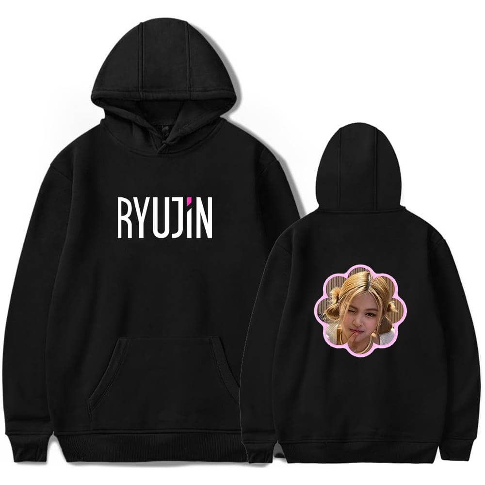 RYUJIN K-pop hoodie with her name on the front and a cute photo of her on the back, perfect for fans.