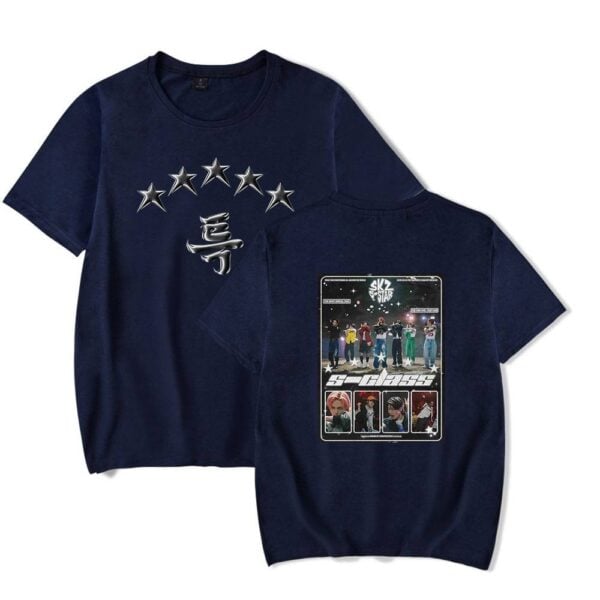 Starry navy blue K-pop merch t-shirts featuring BTS members and graphic designs. Perfect for fans to showcase their support for their favorite K-pop group. Trendy and stylish gift idea.