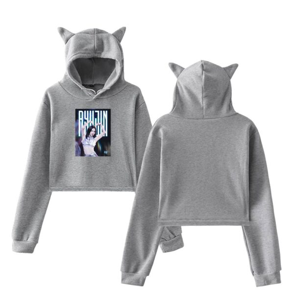 Cute gray hoodie with cat ears and a graphic print of a K-pop idol, perfect for Kpop merch fans. Soft, comfortable, and trendy for everyday wear or concert events.