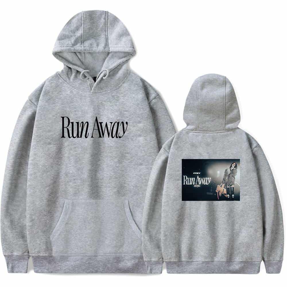 Comfy grey hoodie with "Run Away" printed on the front and album artwork on the back, perfect for K-pop fans and merchandise collectors. Stylish and cozy, showcases your love for the K-pop group.