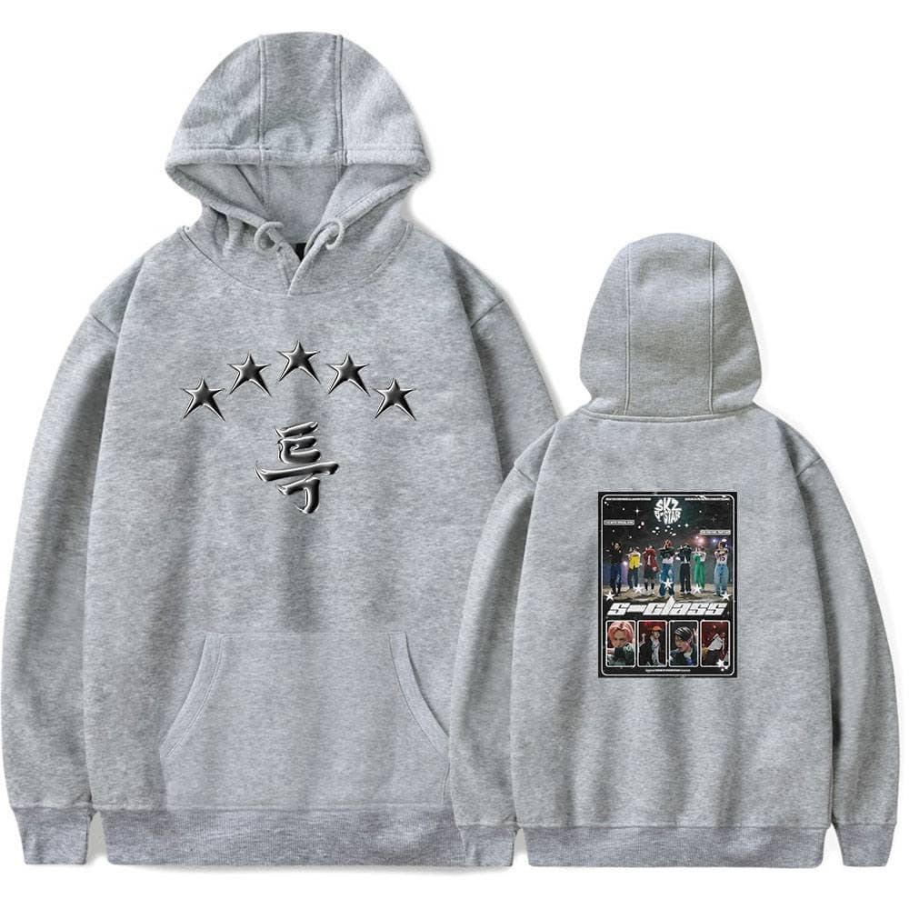 Star leader logo with five stars and Korean character on a grey hoodie, front and back view.
