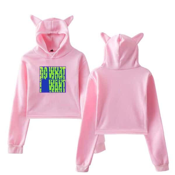 Pink hooded sweatshirt with cat ears, "Do Wear Wear" graphic, trendy kpop merch, cute and stylish casual wear.