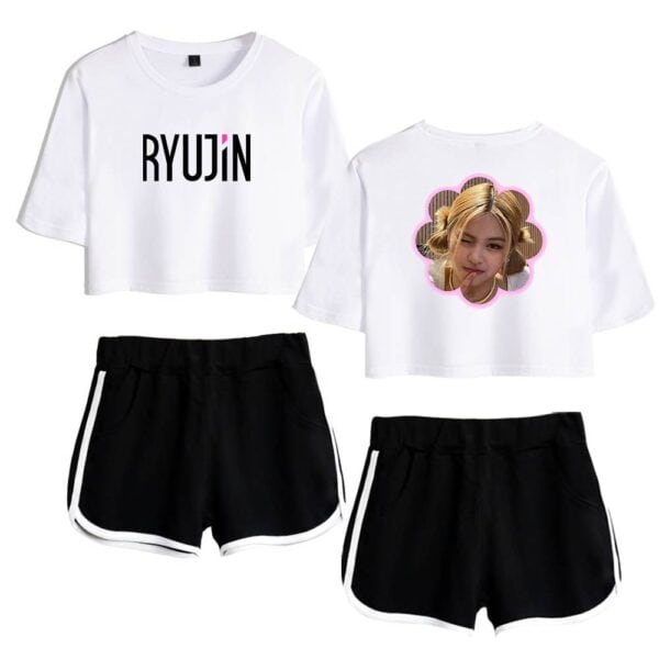 RYUJIN kpop merch crop top and photo print T-shirt set with black shorts.