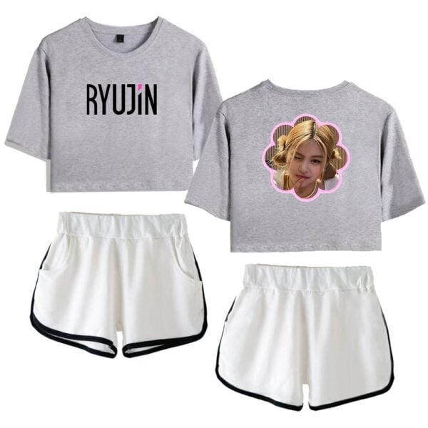 RYUJIN graphic cropped hoodie and shorts set, perfect for K-pop fans who want stylish and comfortable merch inspired by their favorite idol.