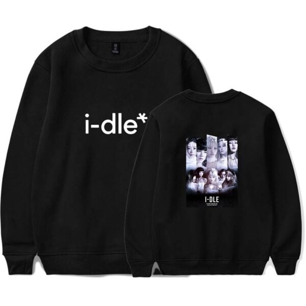 I-dle black sweatshirt with group photo and logo design.