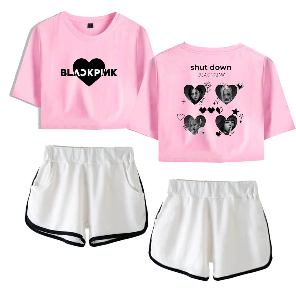 Blackpink pink crop top and shorts set with graphic design and photo prints of the K-pop group.