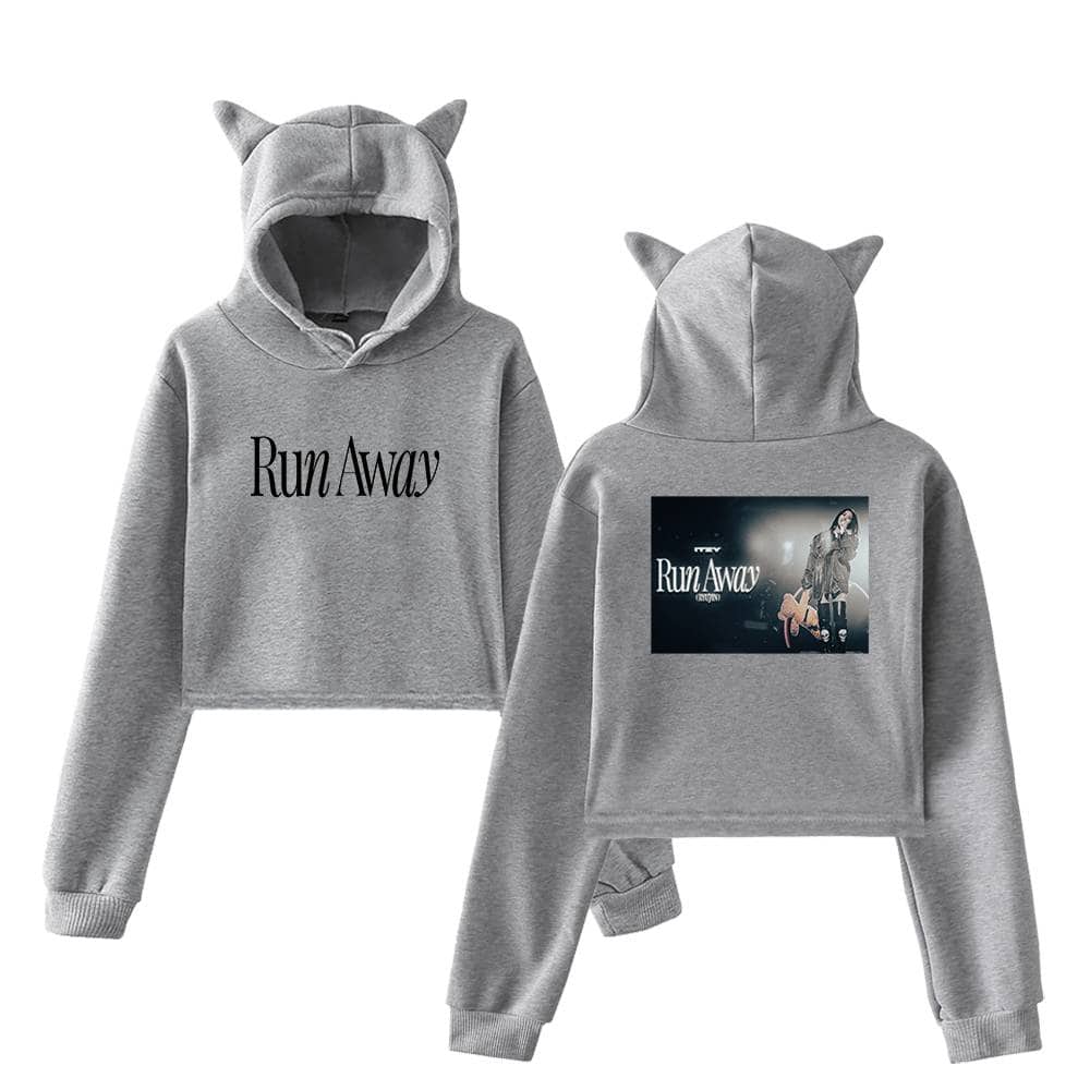 Run Away grey hoodie with cat ears, featuring text and a concert image of a singer, perfect for Kpop merch fans.