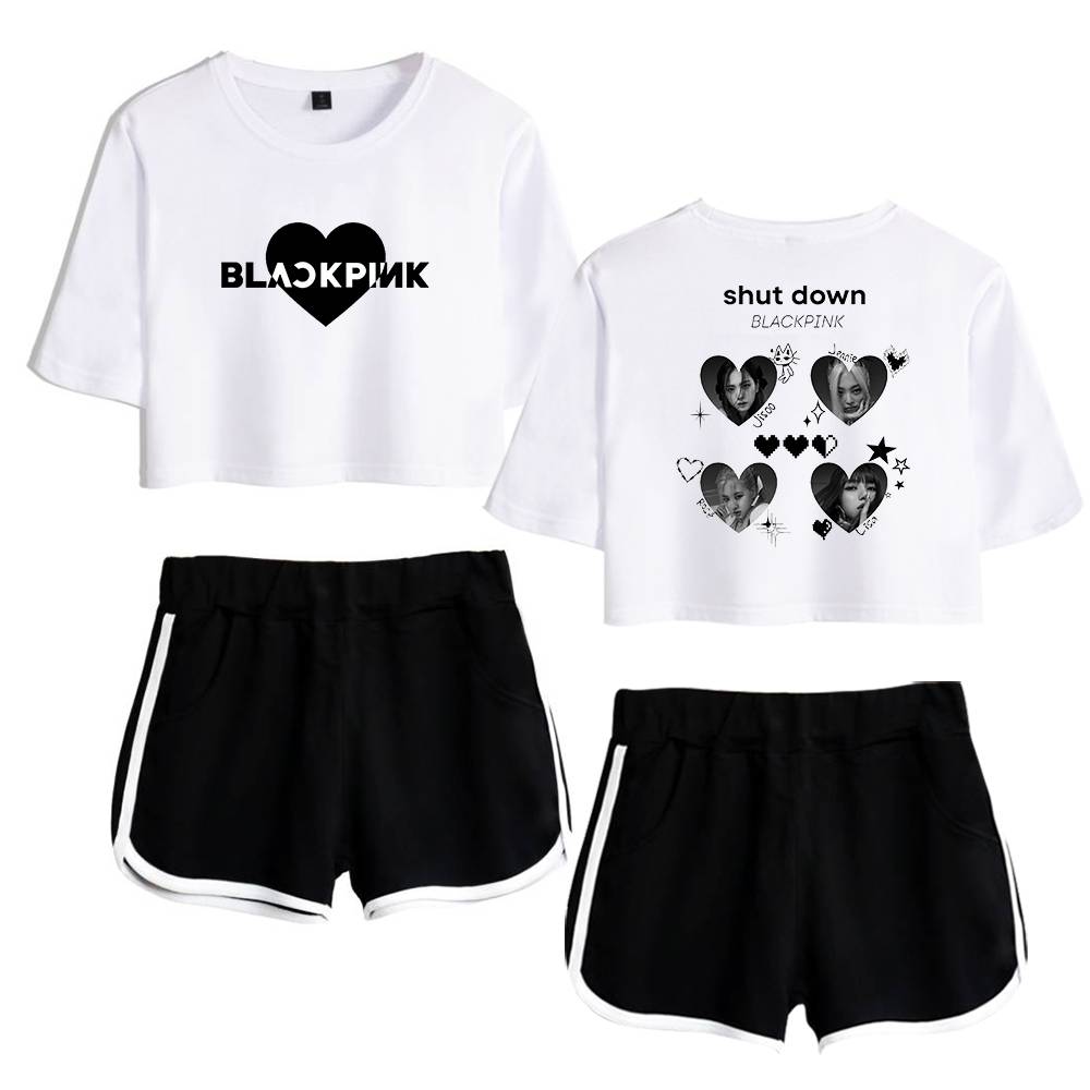 Blackpink-themed cropped t-shirts with heart graphic prints and black athletic shorts with white trim, perfect for K-pop fans and casual wear.