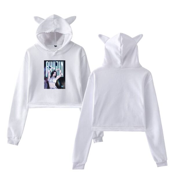 White cropped hoodie with bunny ears and an image of a female K-pop idol on the front, paired with matching white joggers. Perfect for K-pop fans looking for stylish and cute K-pop merchandise.