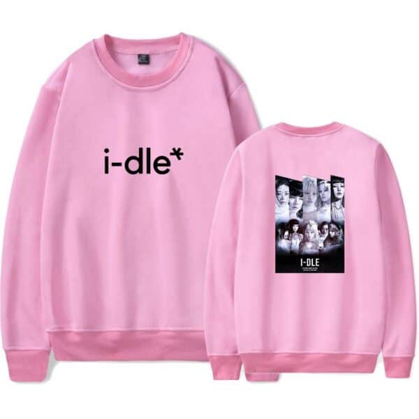 I-dle pink sweatshirt with band members' photo on the back, suitable for K-pop merchandise collectors and fans; stylish and comfortable apparel.