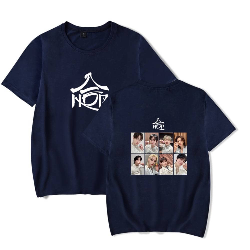 NCT K-pop merchandise t-shirts featuring the group's logo and members' photos in a stylish design. Perfect for fans to showcase their support and love for NCT. High-quality fabric and vibrant print.