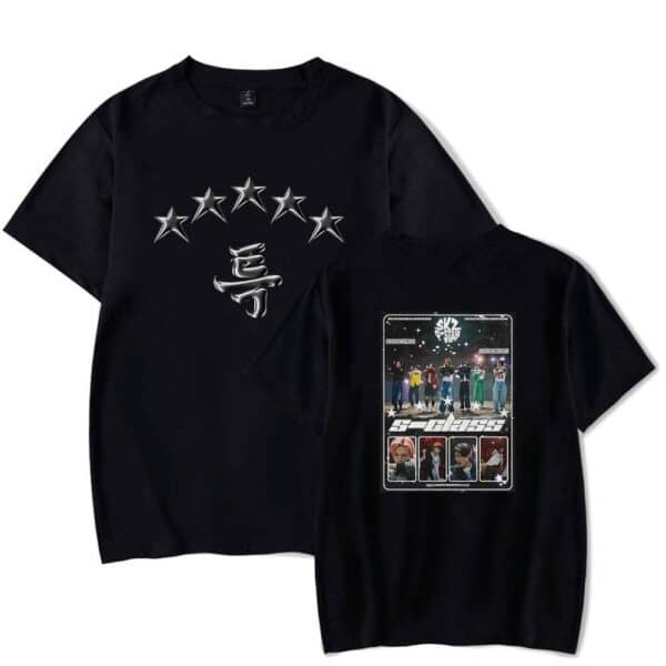 Star-themed K-pop merch T-shirts featuring BTS and SKZ designs with bold graphics and vibrant prints. Perfect for fans to showcase their favorite K-pop groups and style outfits with authentic merchandise.