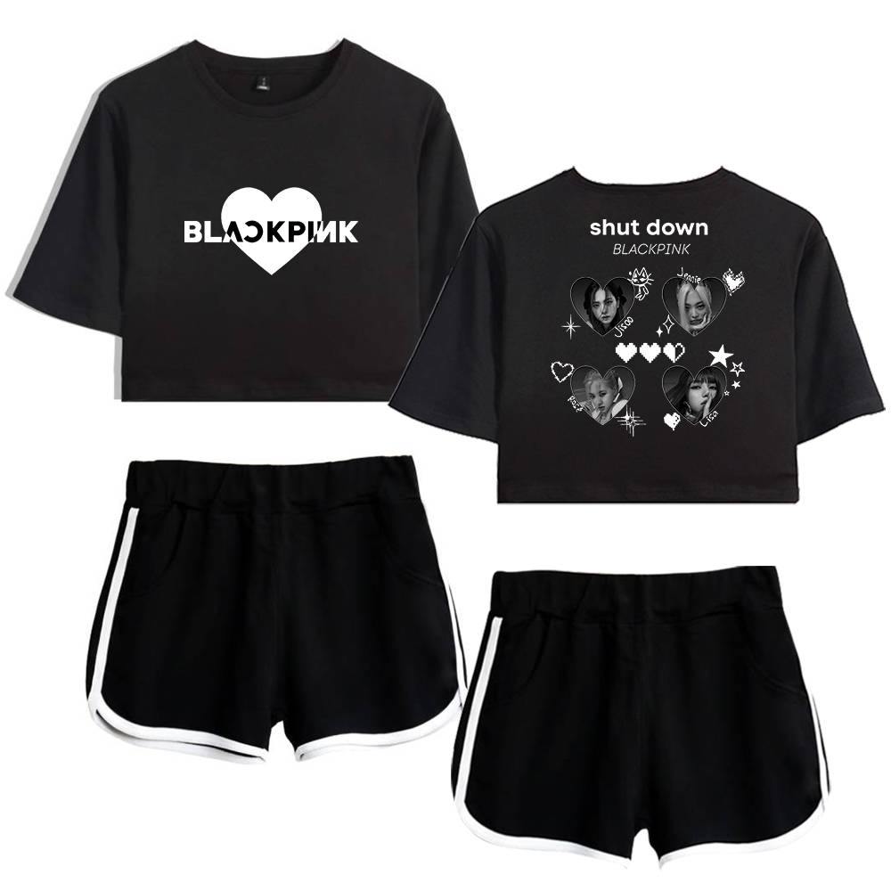 Black crop top with BTS logo and stars.