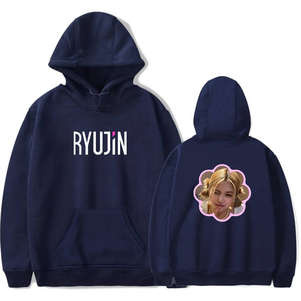 Renyu JIN hoodie with front text and back image of a girl with styled hair.