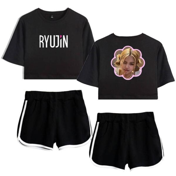 RYUJIN K-pop merch black crop top with pink accents and a photo print, paired with matching black shorts with white trim, perfect for fans of the K-pop artist.