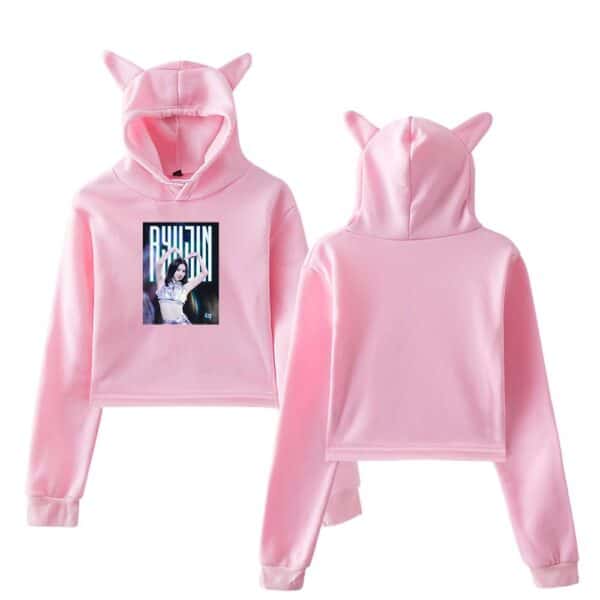 Pink K-pop hoodie with cat ears and a graphic print of a female idol.