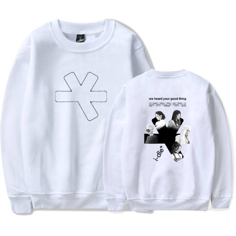 Comfy white K-pop merch sweatshirt with black graphic design, perfect for fans.