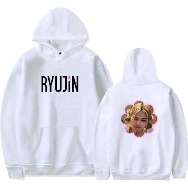 RYUJIN K-pop hoodie with custom graphics, featuring her name on the front and a playful photo on the back, perfect for fans and fashion enthusiasts.