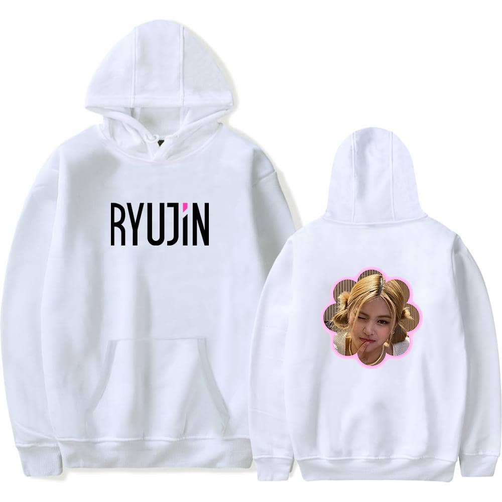 RYUJIN K-pop hoodie with custom graphics, featuring her name on the front and a playful photo on the back, perfect for fans and fashion enthusiasts.