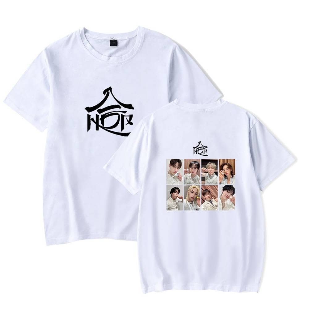 Graphical T-shirt design featuring K-pop idols, perfect for fans wanting trendy merchandise. The front of the shirt displays a bold logo, while the back showcases a collage of popular group members, ideal for K-pop merch collection.