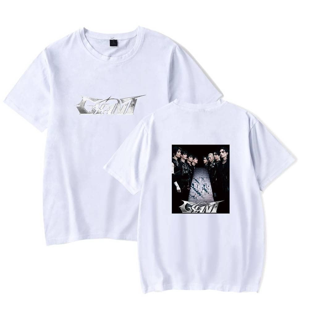GOT7 Kpop merchandise white graphic T-shirts featuring the group's logo and photo print. Perfect for fans to showcase their support for GOT7. Made from comfortable fabric, ideal for everyday wear or concert souvenirs.