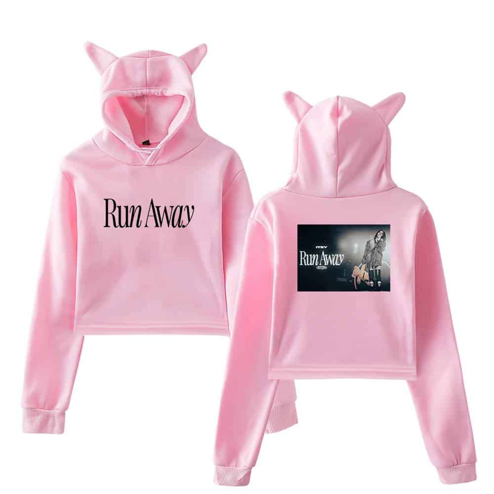 Run Away pink hoodie with cat ears, perfect for K-pop fans.