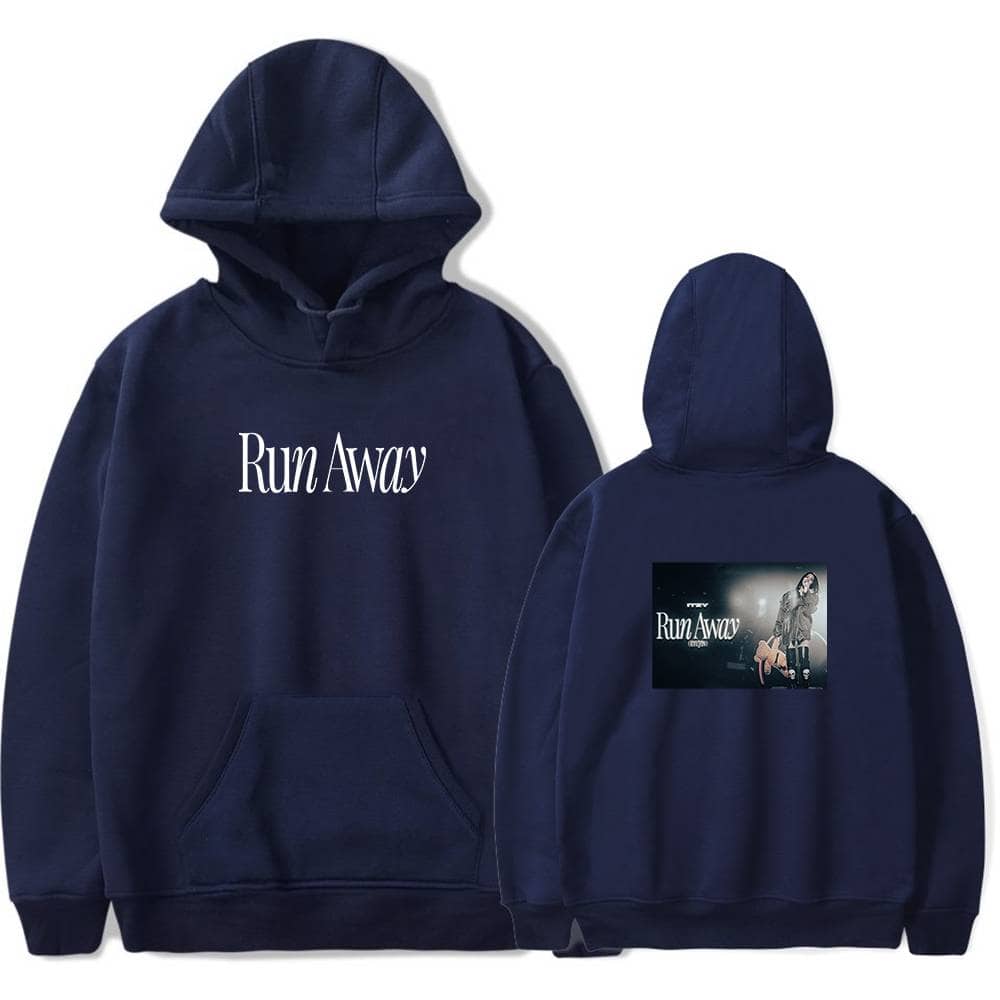 Run Away hoodie with front and back print, perfect for K-pop fans who love band merchandise. Stylish, comfortable, and ideal for expressing your favorite group's theme and music.