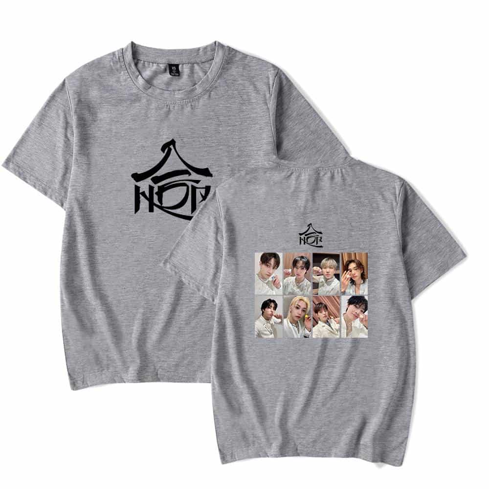 NDPIKOR Logo K-pop Merchandise T-Shirt with member photo collage, gray casual unisex top, perfect for K-pop fans and concerts.