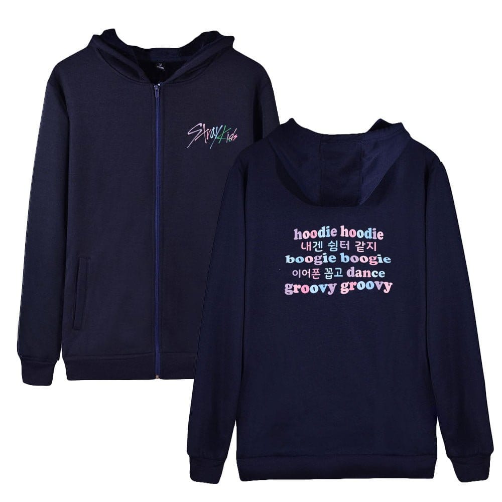 Hoodie with colorful text and K-pop inspired designs, featuring front and back views, perfect for fans to show their love for K-pop music and idols.