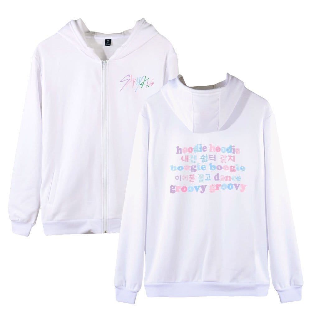 Comfy white kpop hoodie with colorful text, front and back view, casual streetwear.