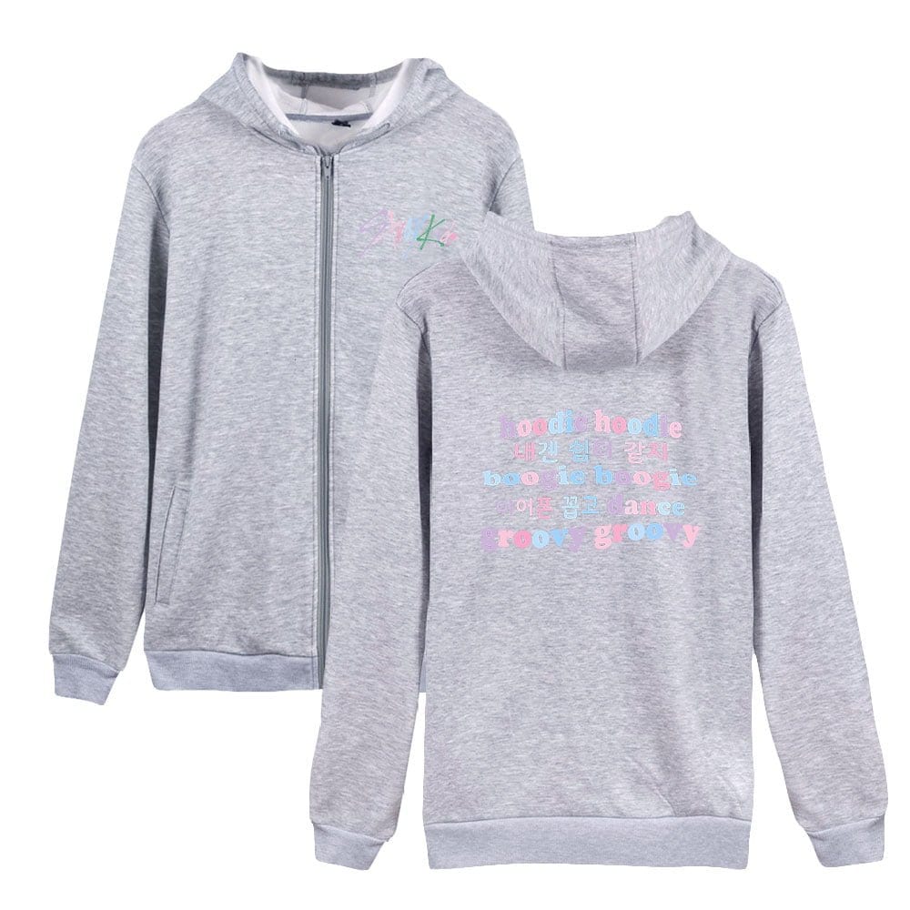 Grey hoodie sweatshirt with colorful text design for K-pop fans, featuring a front zipper and back graphic print inspired by K-pop merchandise collections. Perfect for stylish casual wear.