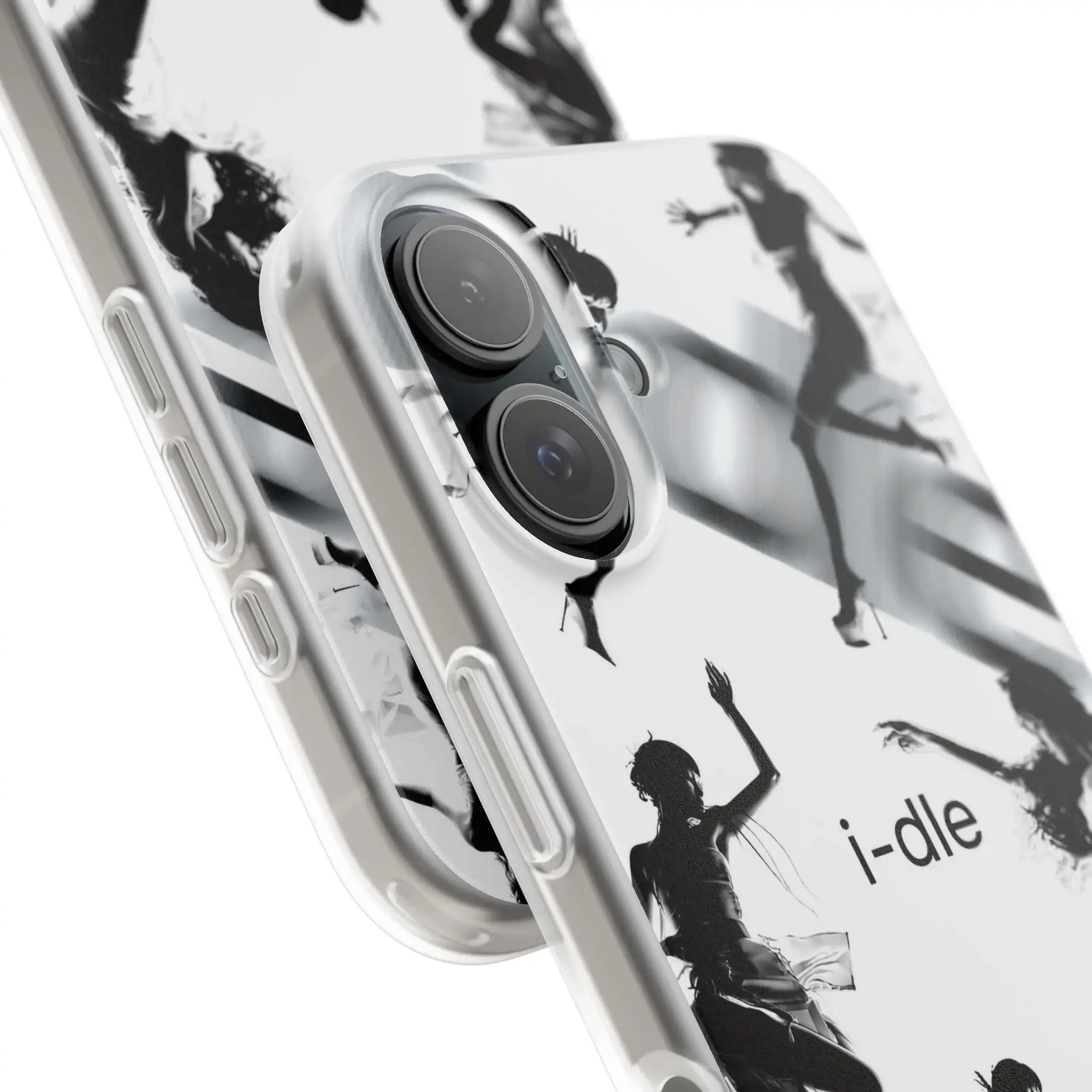 Vivid black and white K-pop merchandise phone case featuring silhouettes of dancers and the text "i-dle" for fans to showcase their favorite girl group.
