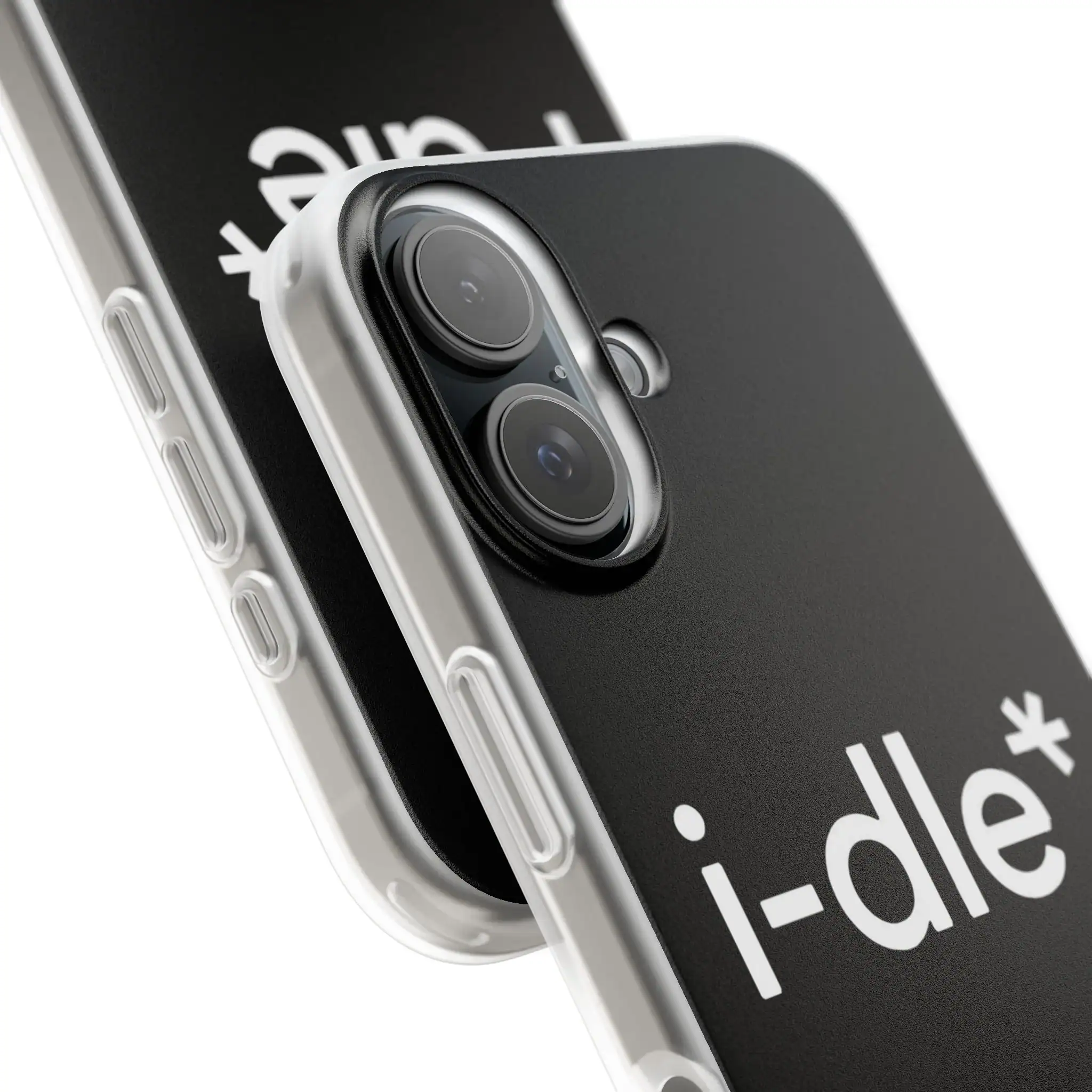 Professional close-up of a modern smartphone with dual camera lenses and black textured case, featuring the text "i-dle" and "+" symbol, highlighting sleek tech design.