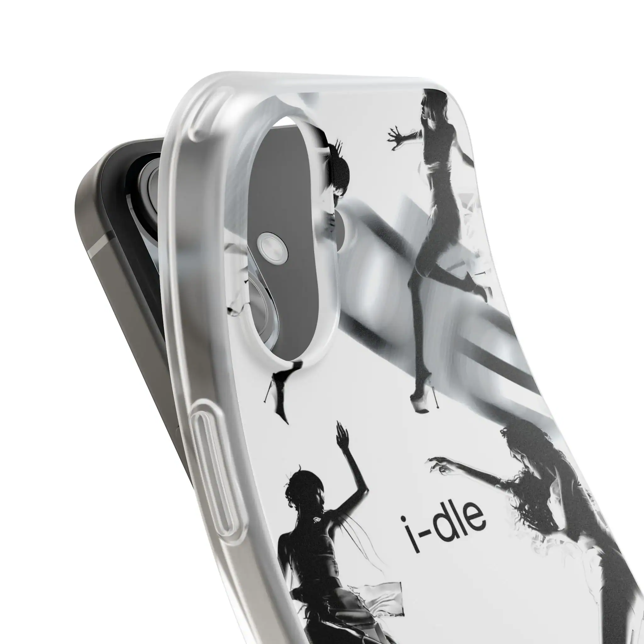 Aesthetic black and white K-pop merchandise phone case featuring silhouettes of dancing women, designed for fans to showcase their love for K-pop music and idols.