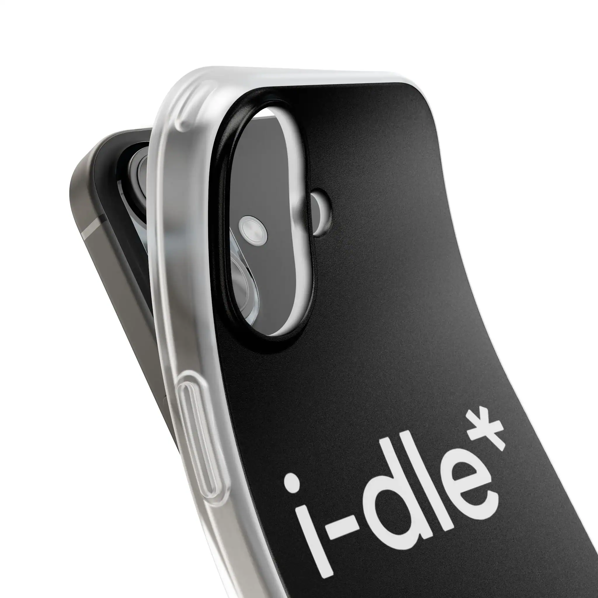 I-dle+ logo on a black and silver smartphone case, representing K-pop merchandise.
