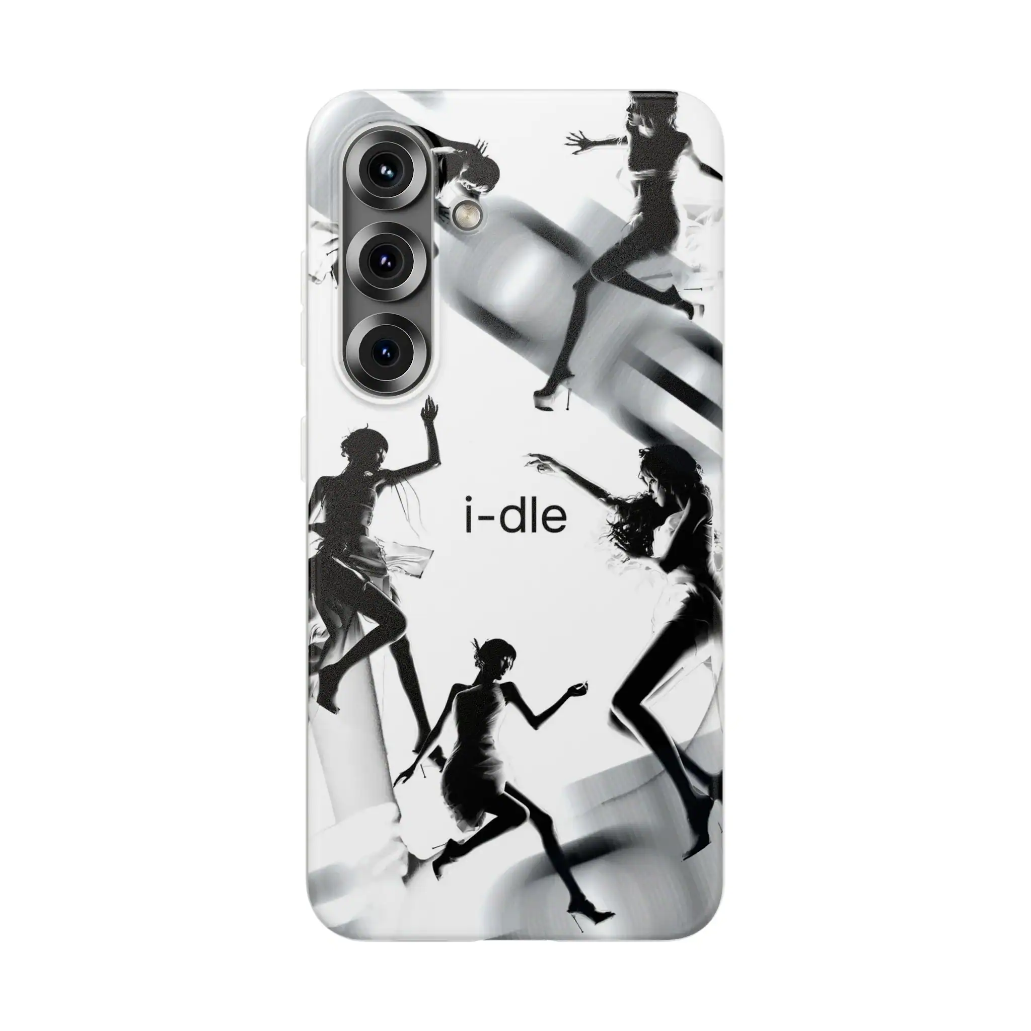 Silhouette of female dancers on a black and white phone case, with the words "i-dle" in the center, featuring a stylish, artistic design perfect for K-pop merchandise fans.