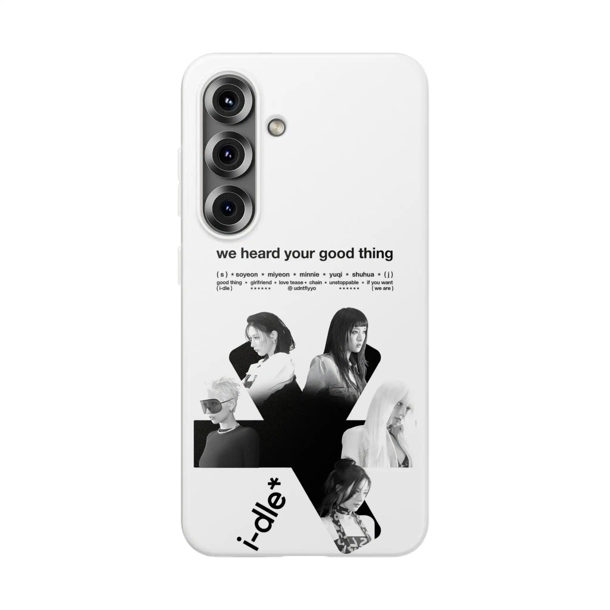 Distinctive K-pop merch phone case featuring monochrome images of female K-pop idols and the phrase "we heard your good thing". Custom design with a star motif and brand logo, perfect for fans.