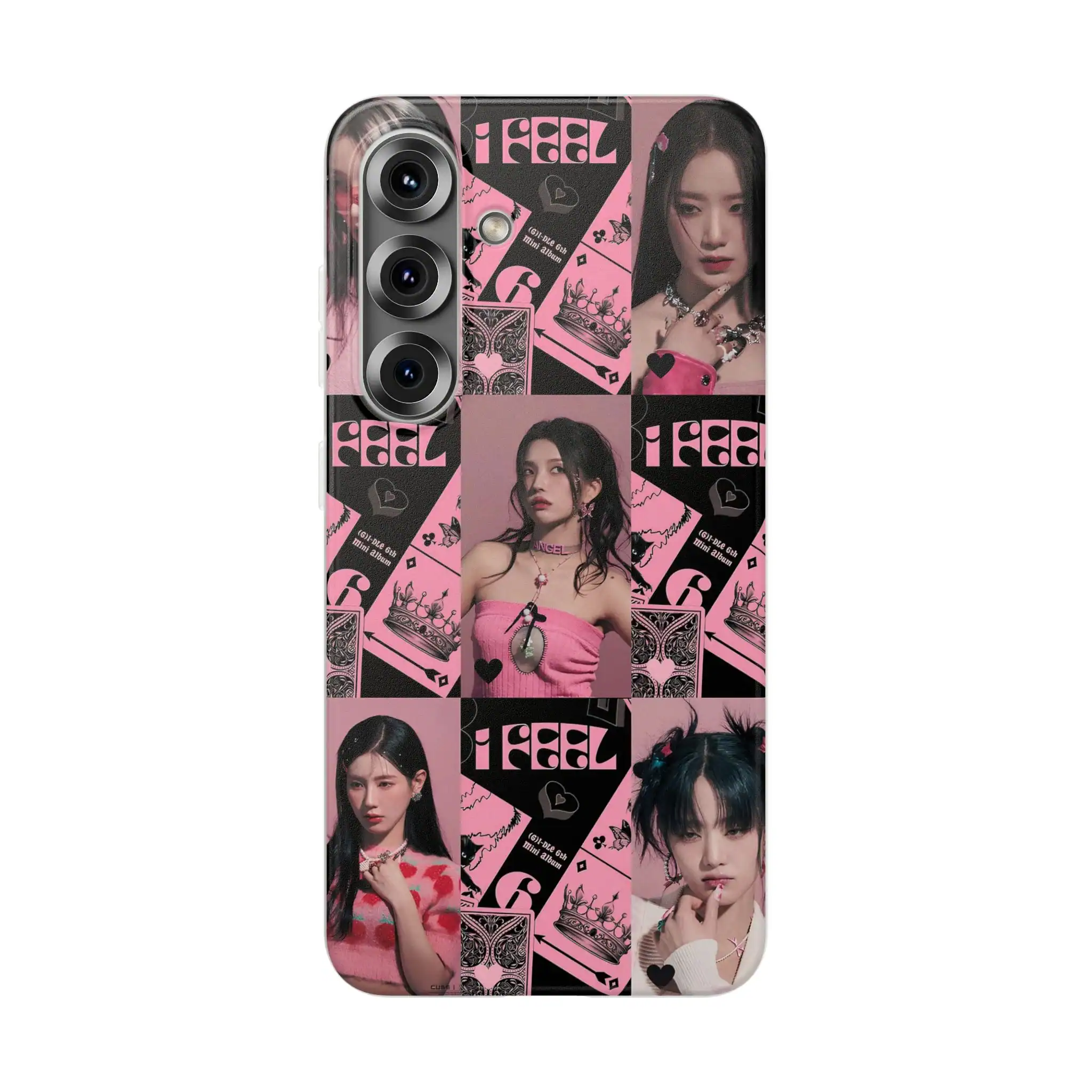 Pink and black K-pop phone case featuring photos of female idols and various album-themed graphics. Perfect for K-pop fans and collectors.