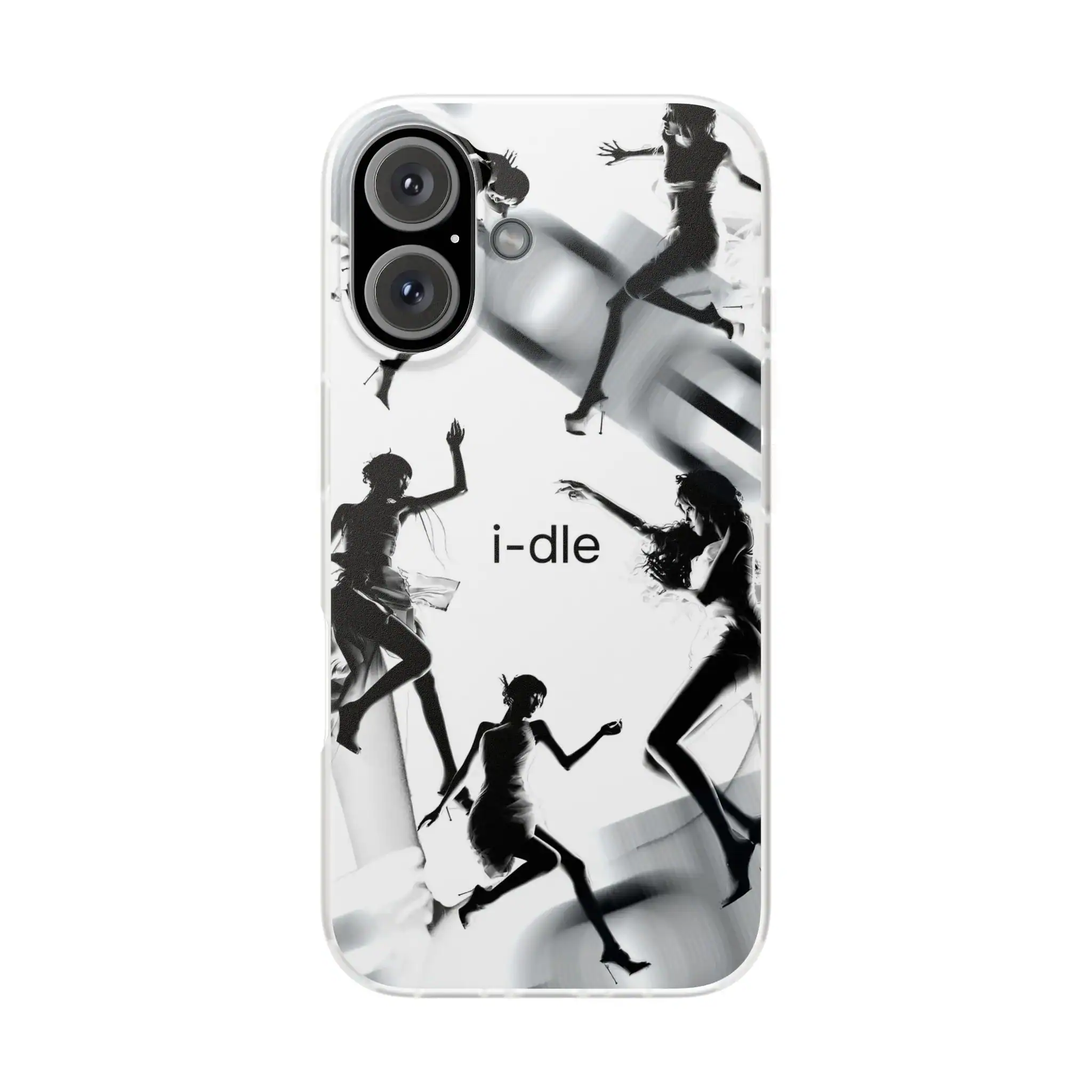 Vibrant iPhone case featuring black silhouette dancers and a sleek "i-dle" logo, perfect for K-pop fans and merch collectors.
