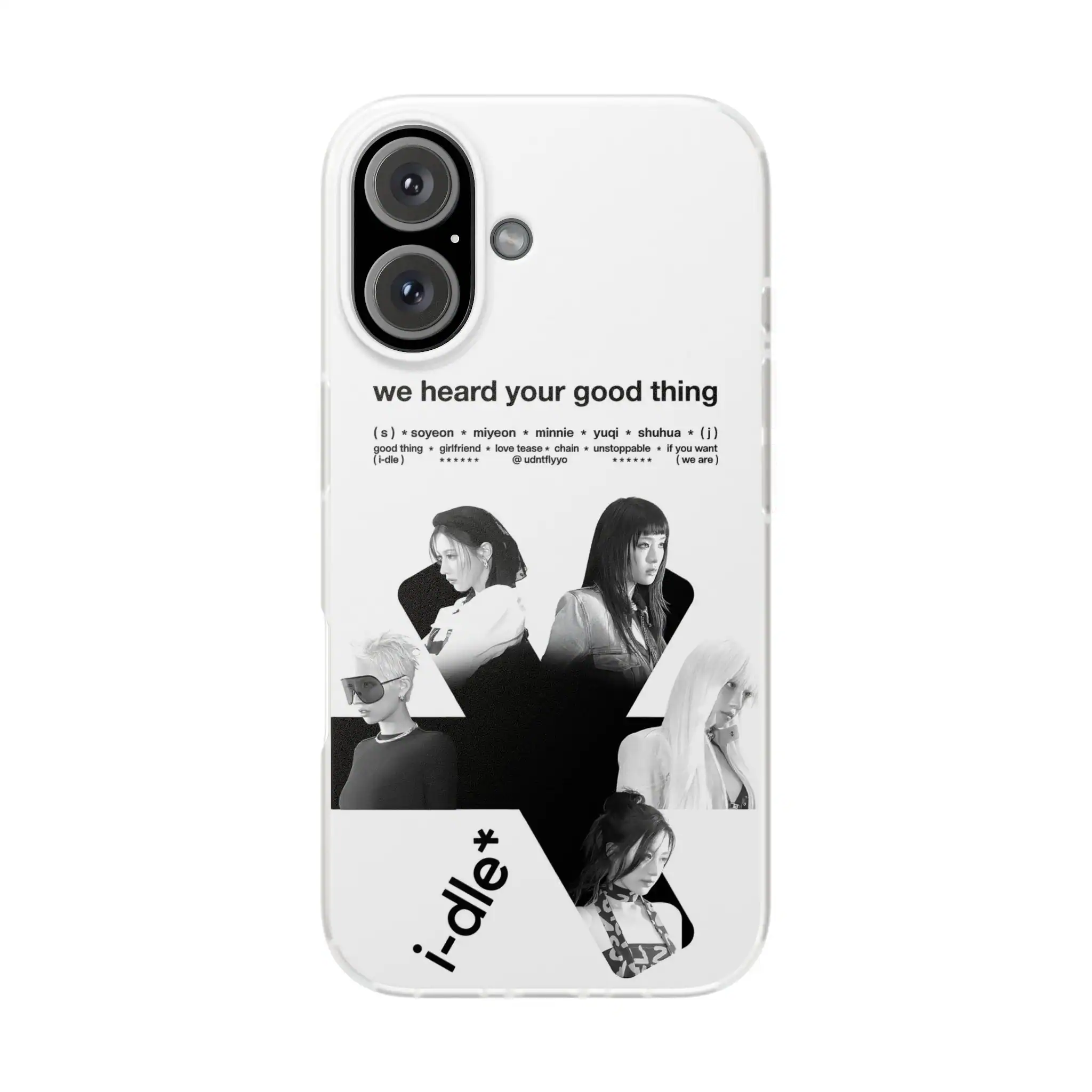 Vintage K-pop girl group merchandise phone case featuring black-and-white photos of band members with lyrics and symbols, perfect for fans and collectors.