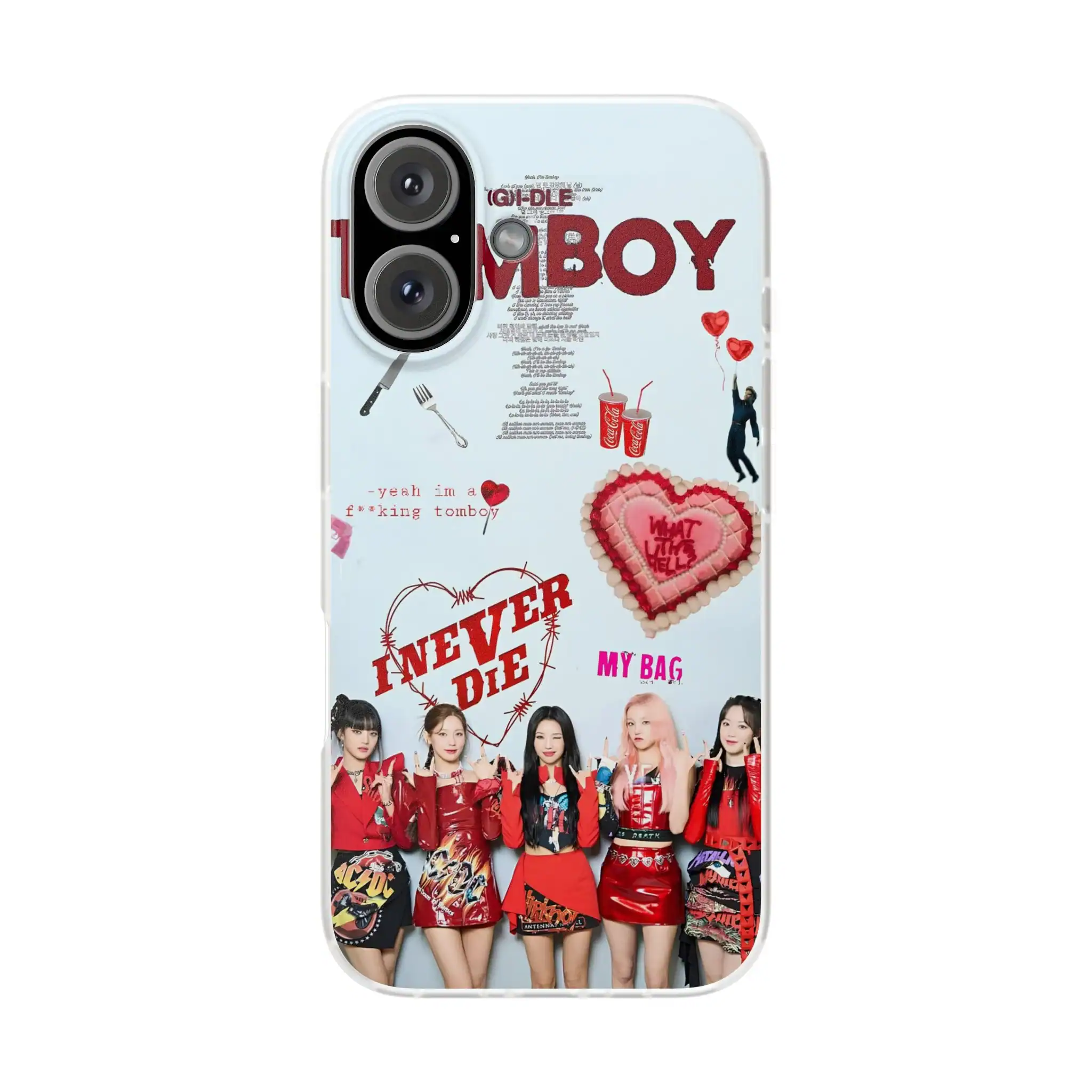 Vivid K-pop girl group collage phone case featuring merchandise and playful designs, ideal for fans of vibrant and stylish K-pop accessories.