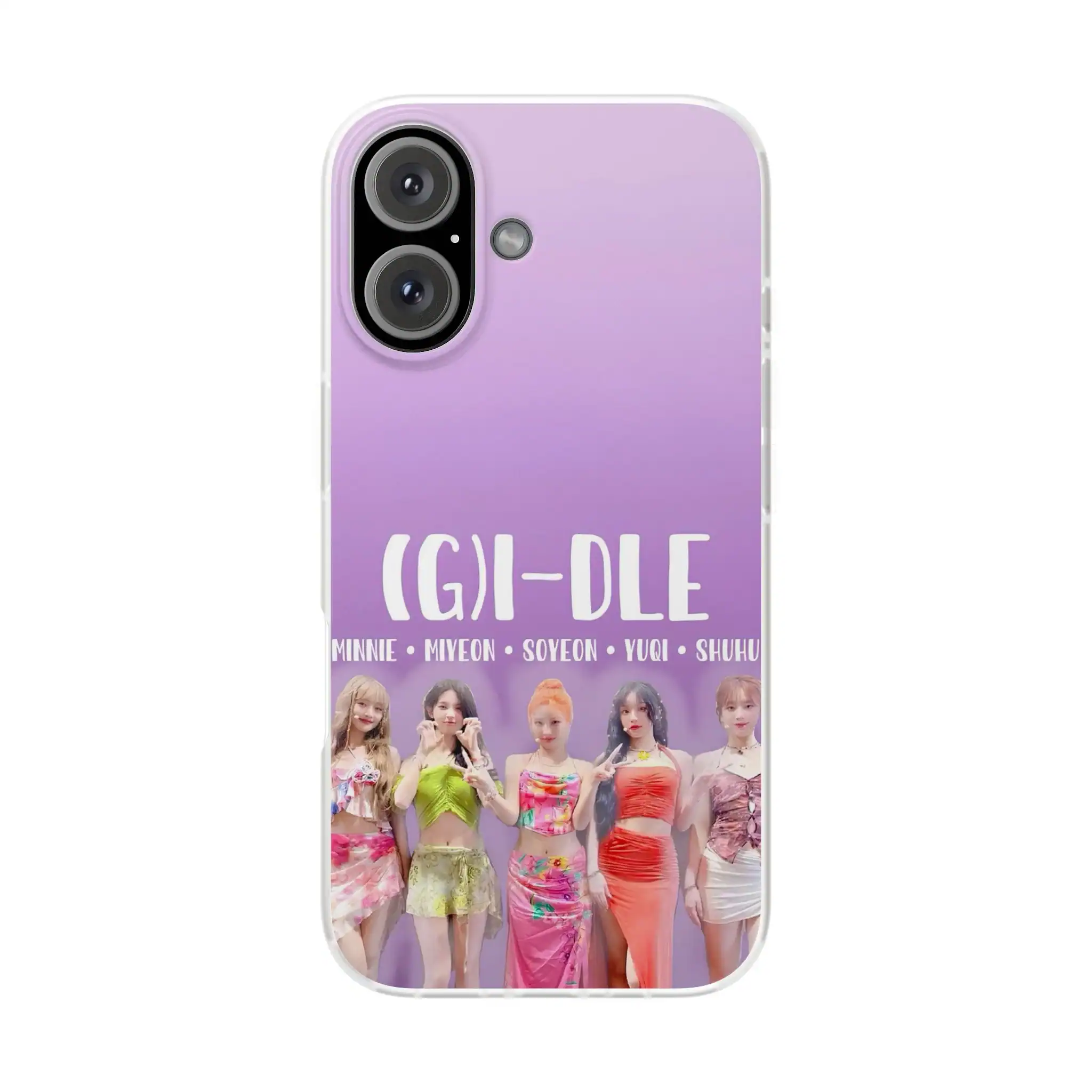 Cute K-pop girl group mini phone case featuring members MinnNie, Miyeon, Soyeon, Yuqi, and Shuhua with "(G)I-DLE" text and purple background.