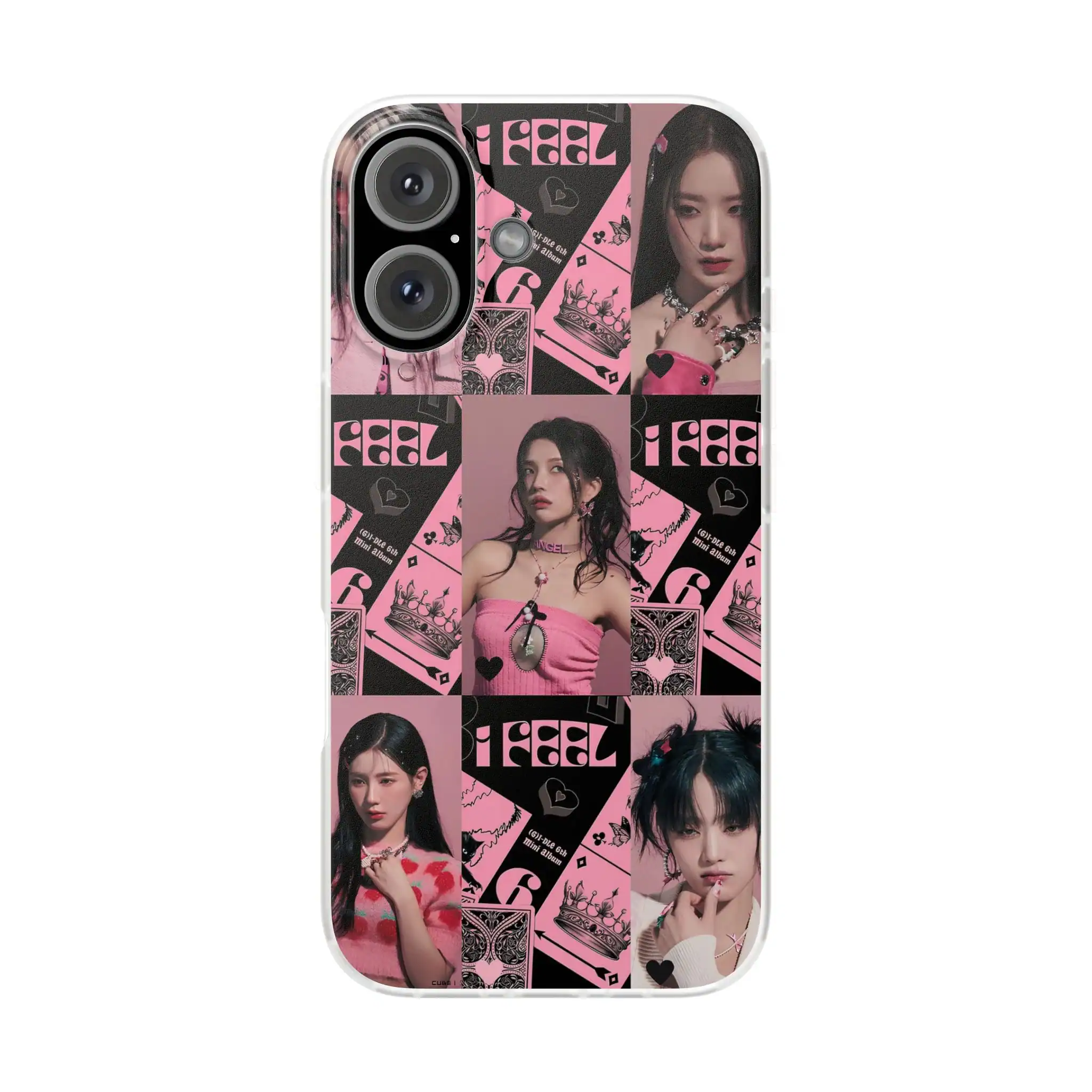 Vibrant K-pop girl group collage with stylish members and bold pink and black graphics, perfect for customizing phone cases and showcasing fandom merchandise.