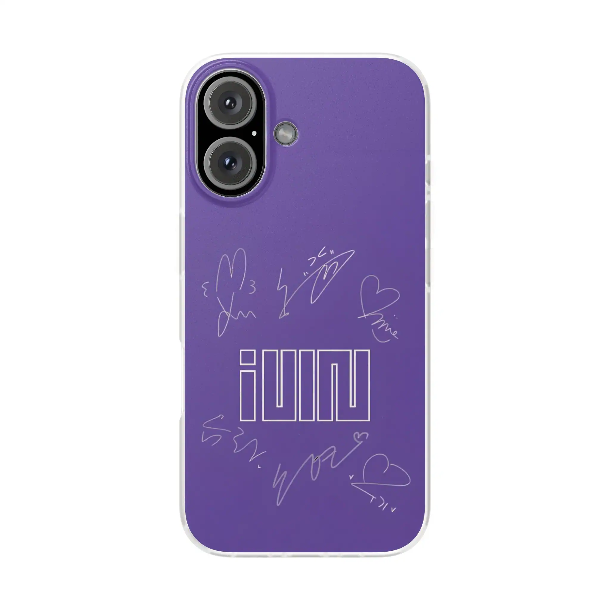 Violet iPhone case with signatures and "JUNU" logo, perfect for K-pop fans and collectors.