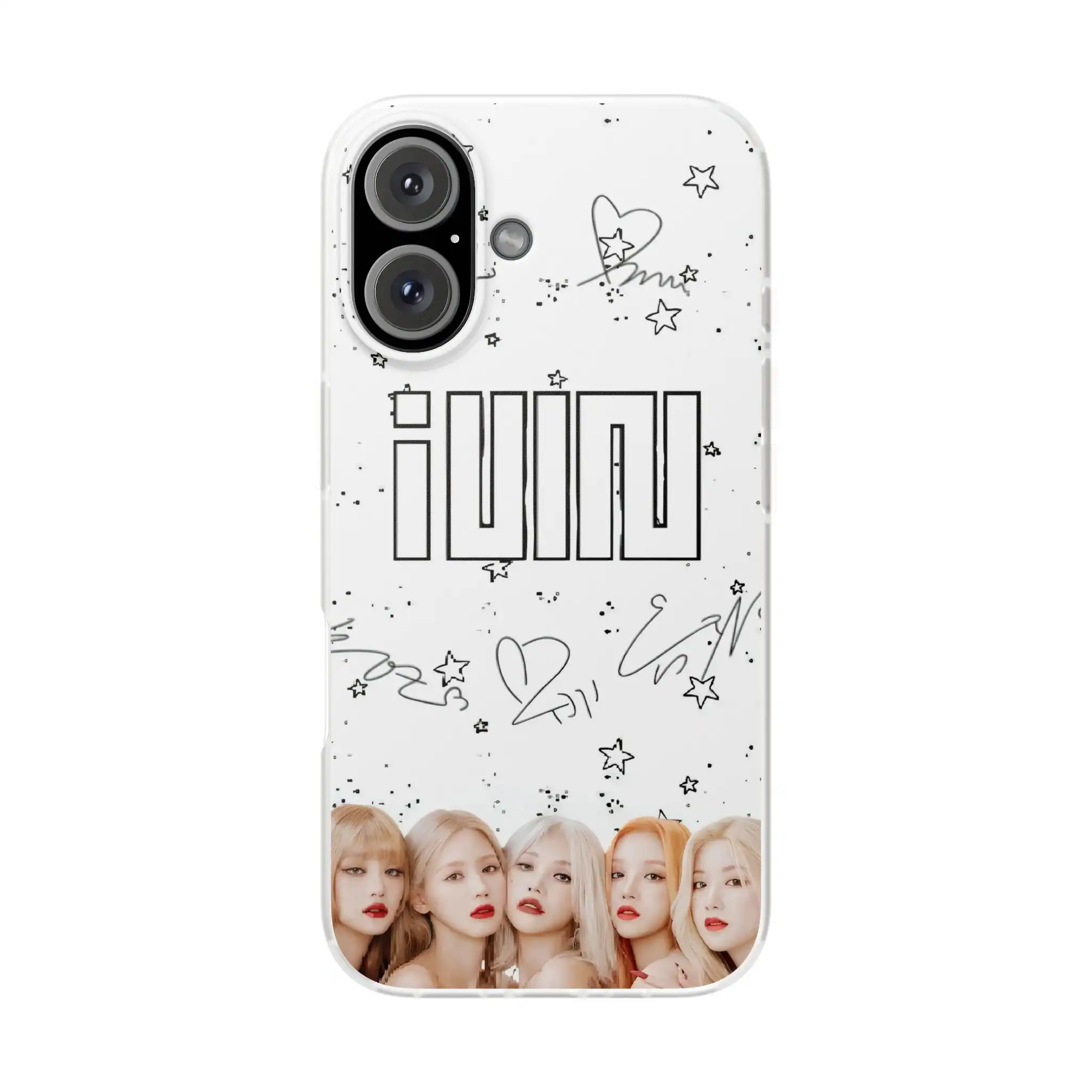 Wireless charging phone case with K-pop girl group image, autographs, and star doodles, perfect for fans of the K-pop girl group.