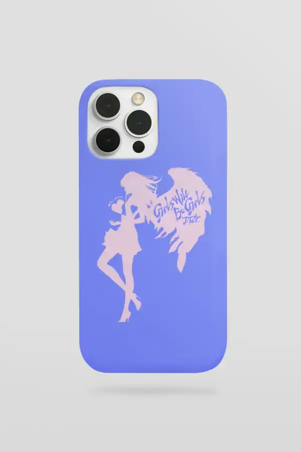 Kpop merch phone case featuring girl group graphic design with pastel purple background.