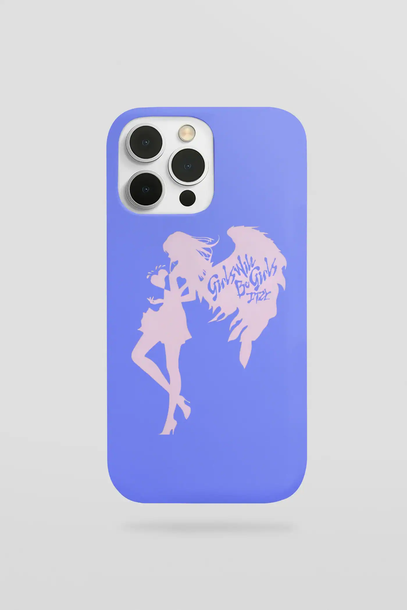 Kpop merch phone case featuring girl group graphic design with pastel purple background.
