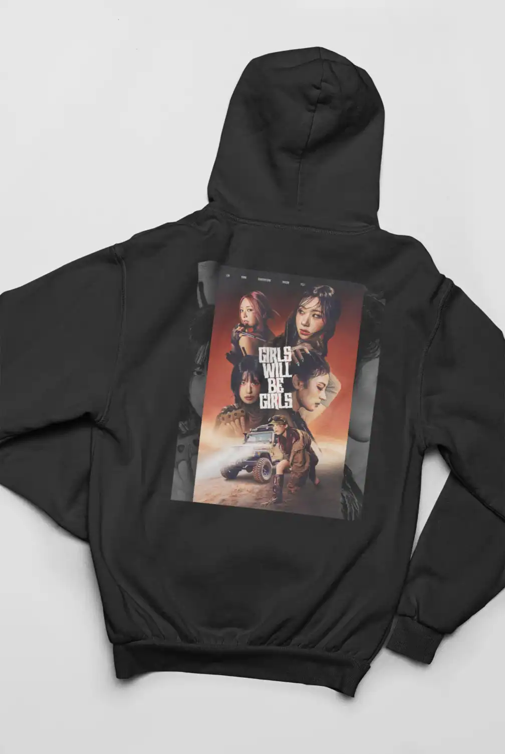 Girl group poster hoodie with girls and vehicle design, perfect for K-pop fans.