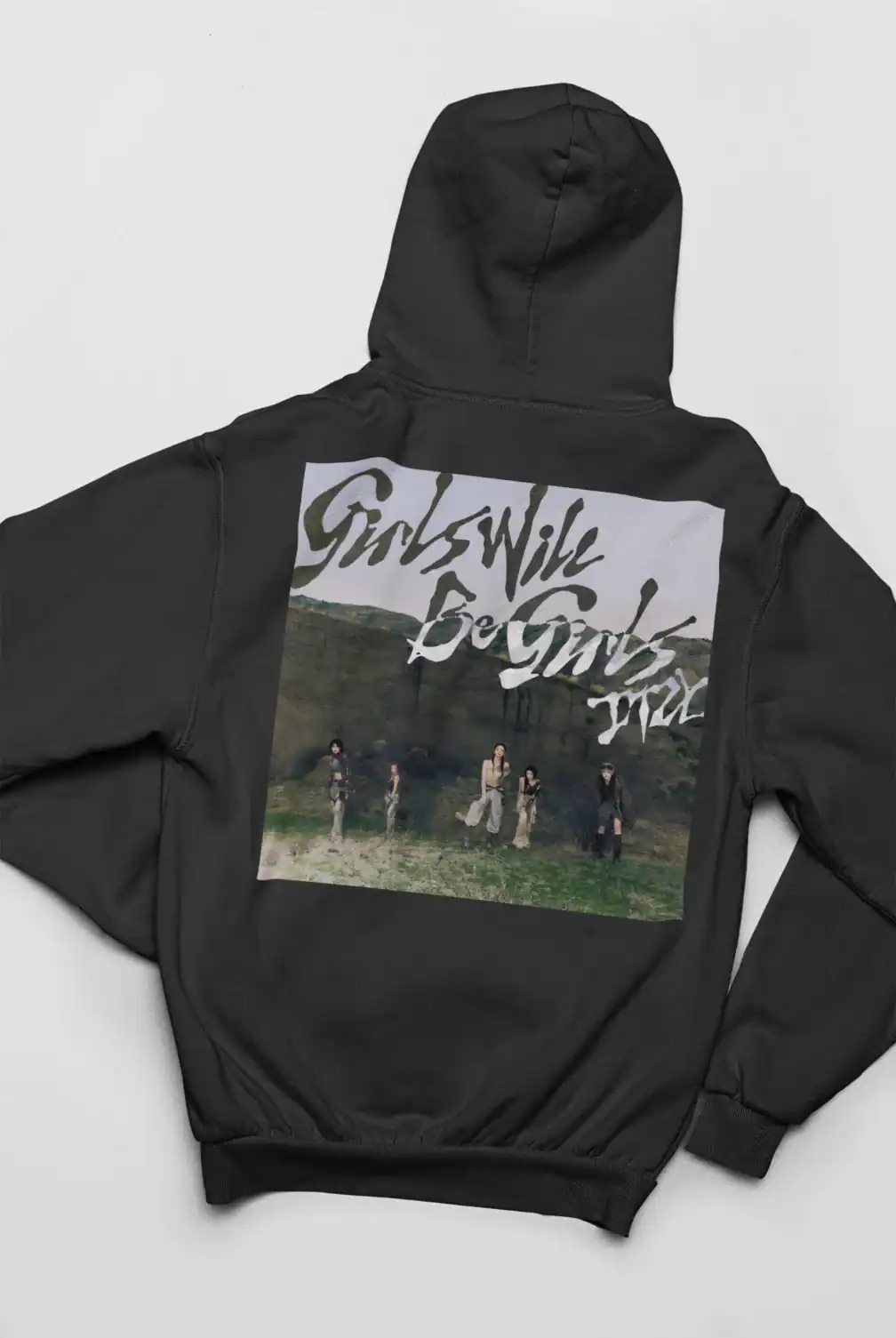 GIRLS GENERATION K-pop merch hoodie with band logo and image of the group on the back.