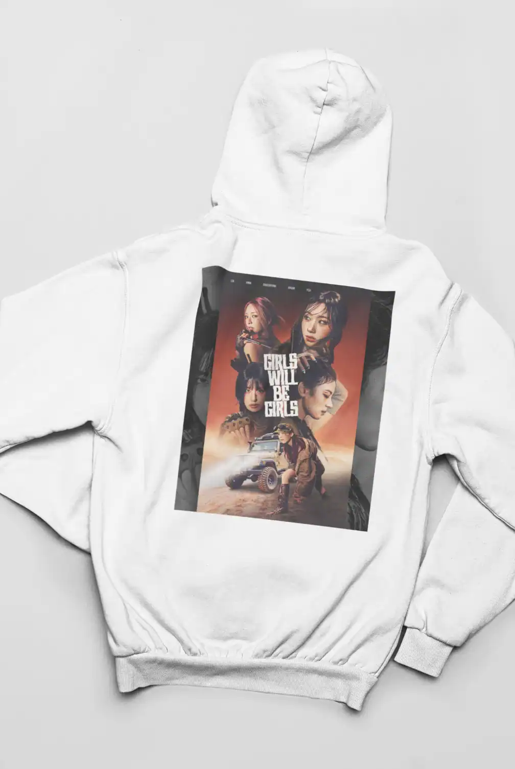 Girl group K-pop hoodie with girl power graphic design.